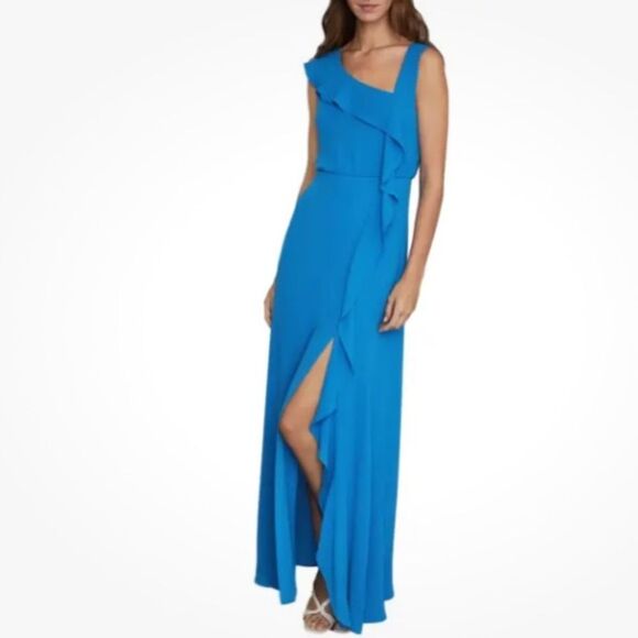 BCBGMaxAzria Maxi Dress Women 10 French Blue Asymmetric Neck Sleeveless NWT!! - Picture 2 of 16